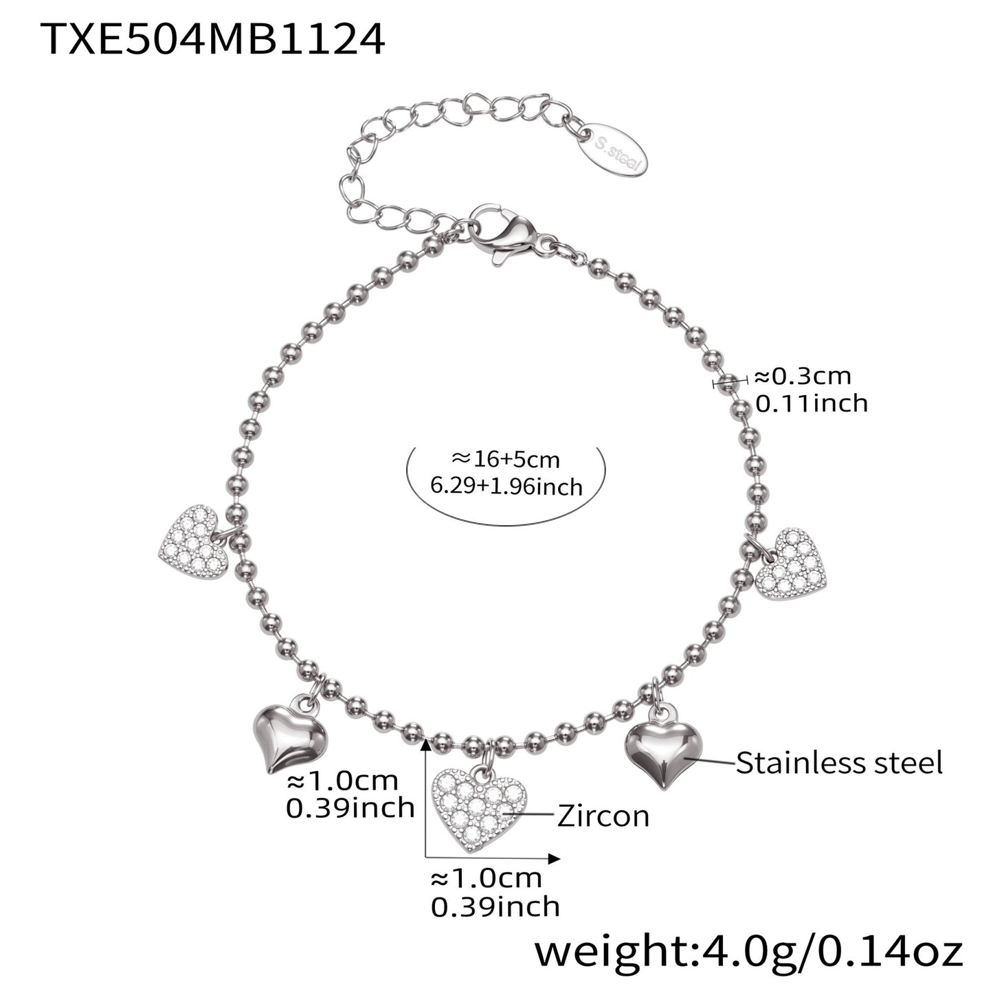 316L Stainless Steel Heart CZ Charm Jewelry Set