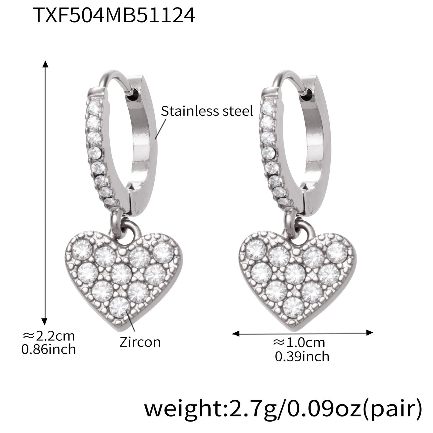 316L Stainless Steel Heart CZ Charm Jewelry Set