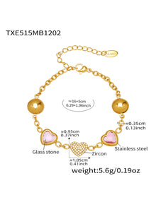 Pink heart glass stone bracelet in 316L stainless steel gold tone with adjustable size