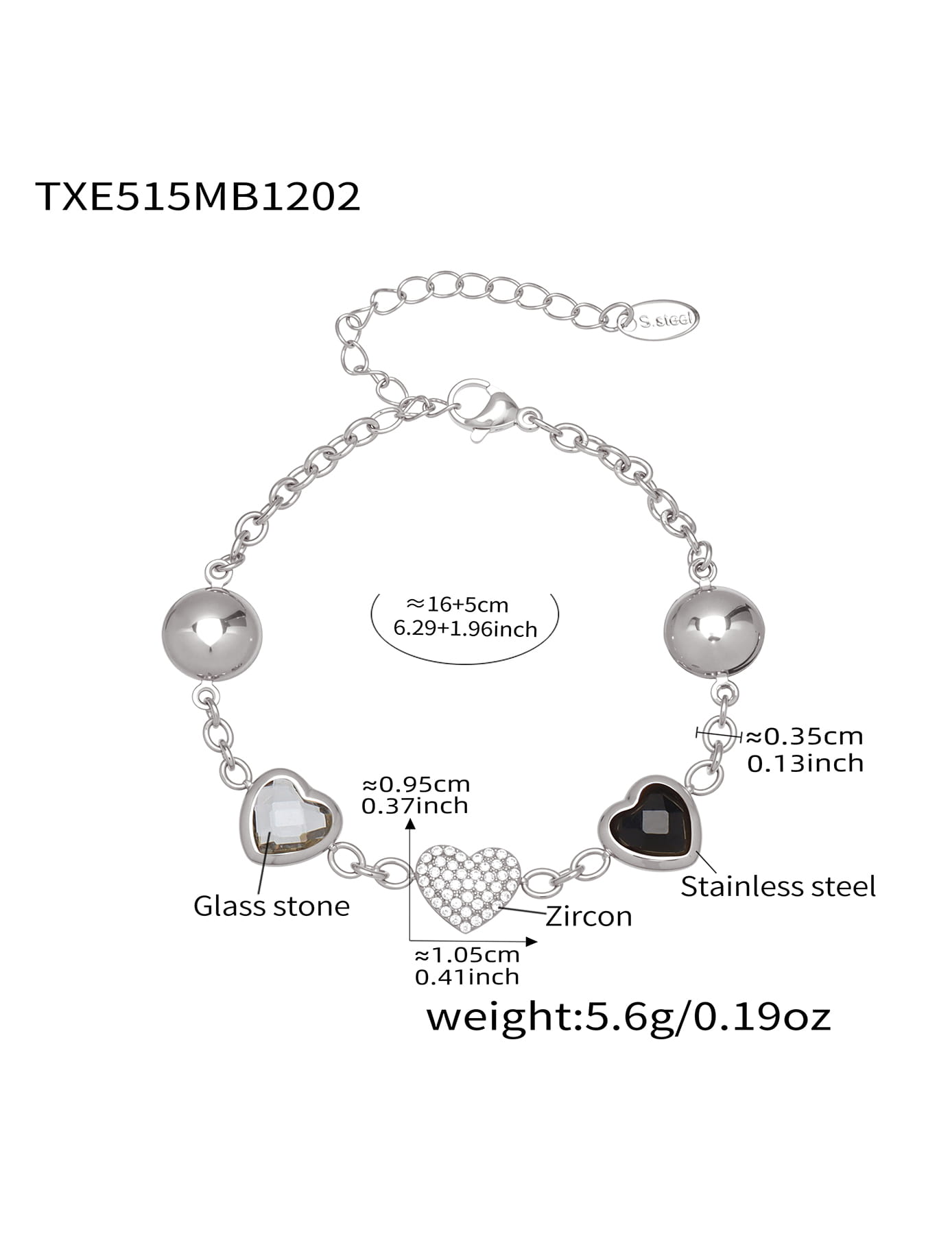 Black heart glass stone bracelet crafted from 316L stainless steel steel tone