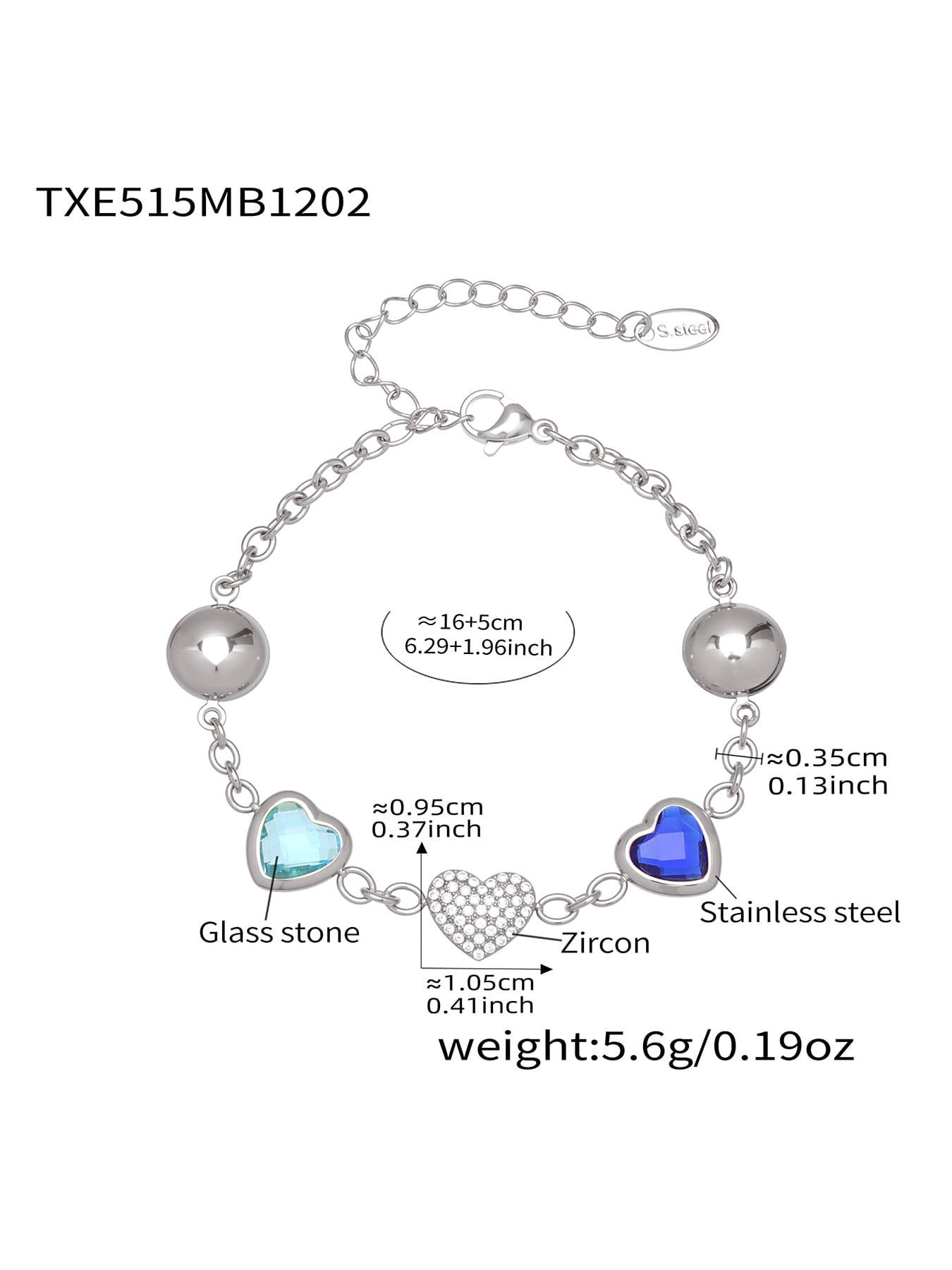 Blue heart glass stone bracelet made of 316L stainless steel steel tone