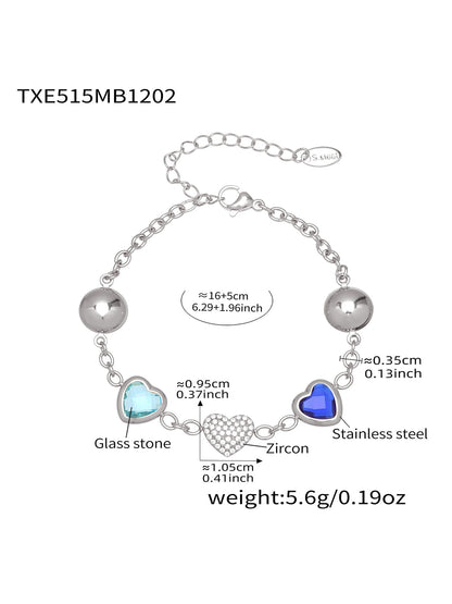 Blue heart glass stone bracelet made of 316L stainless steel steel tone