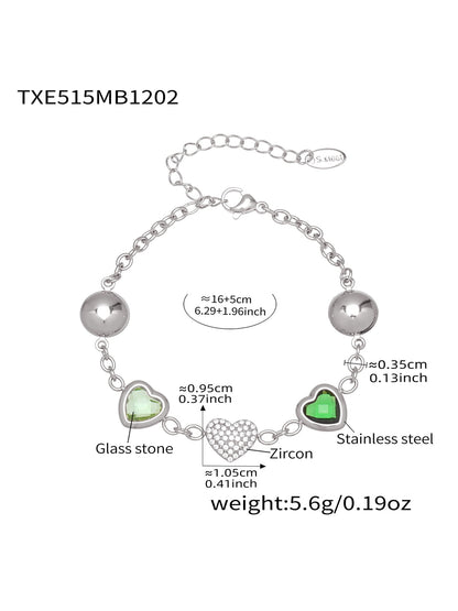 Green heart glass stone bracelet in 316L stainless steel steel finish