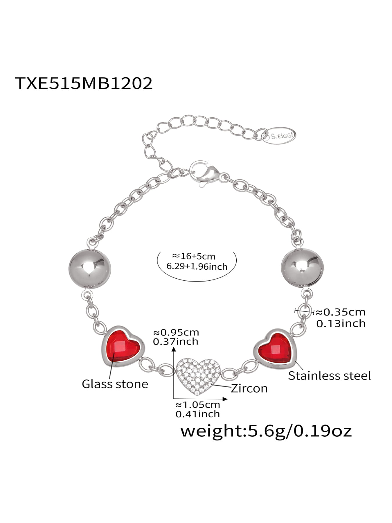 Red heart glass stone bracelet made of 316L stainless steel steel tone