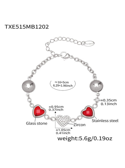 Red heart glass stone bracelet made of 316L stainless steel steel tone