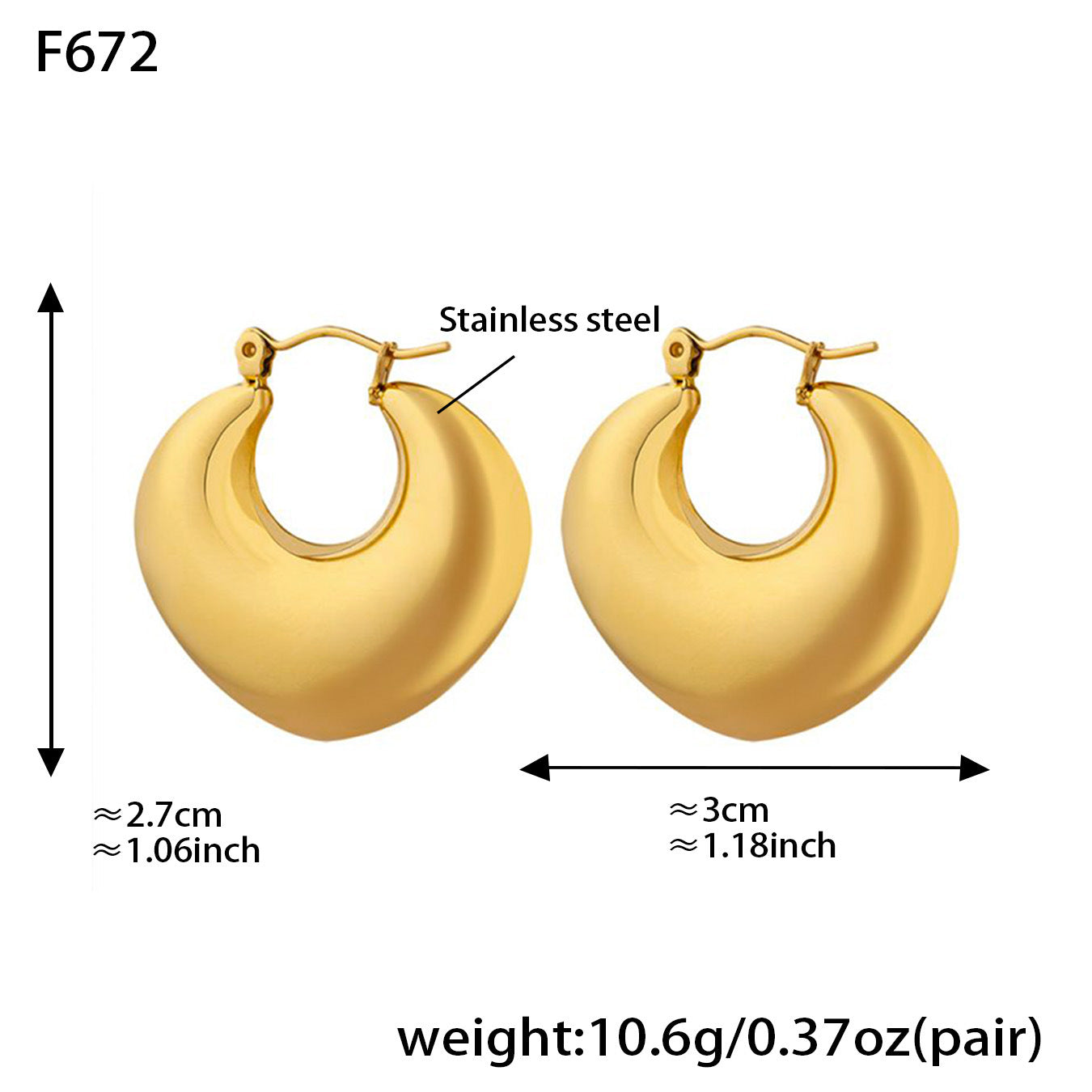 316L stainless steel heart huggie hoop earrings with 18K PVD gold plating size reference