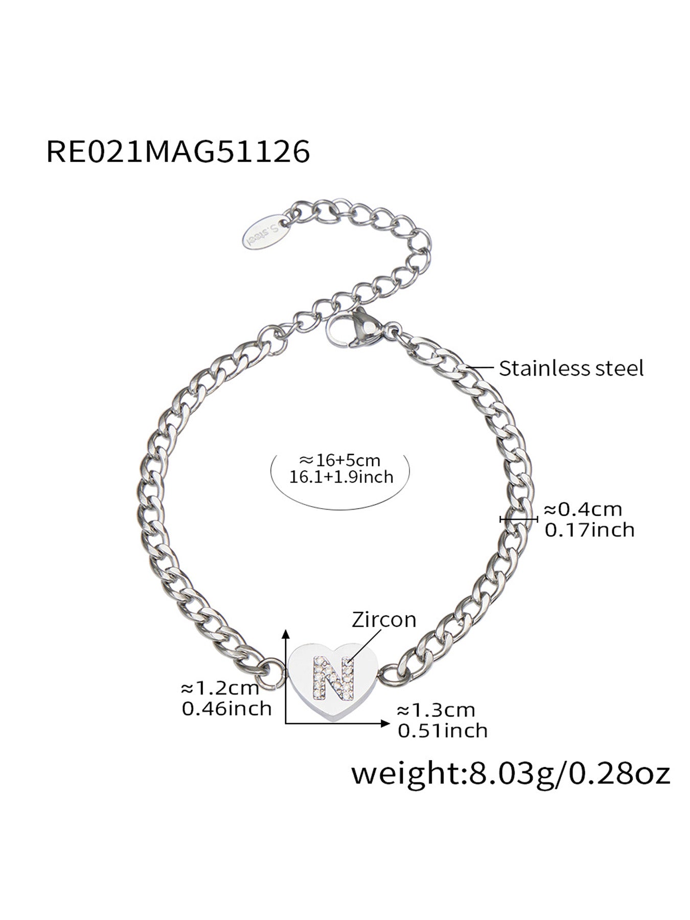 316L Stainless Steel Zircon Heart Initial Jewelry Set