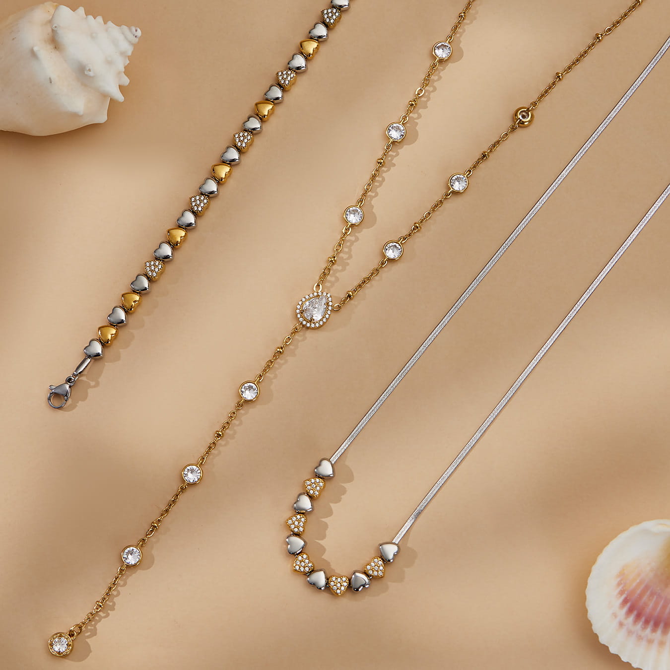 316L stainless steel heart necklace and bracelet set with zircon details, two tone design, wholesale jewelry set
