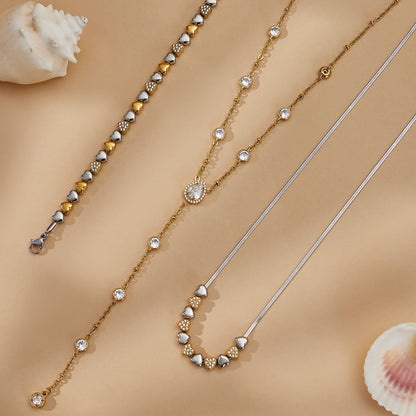 316L stainless steel heart necklace and bracelet set with zircon details, two tone design, wholesale jewelry set
