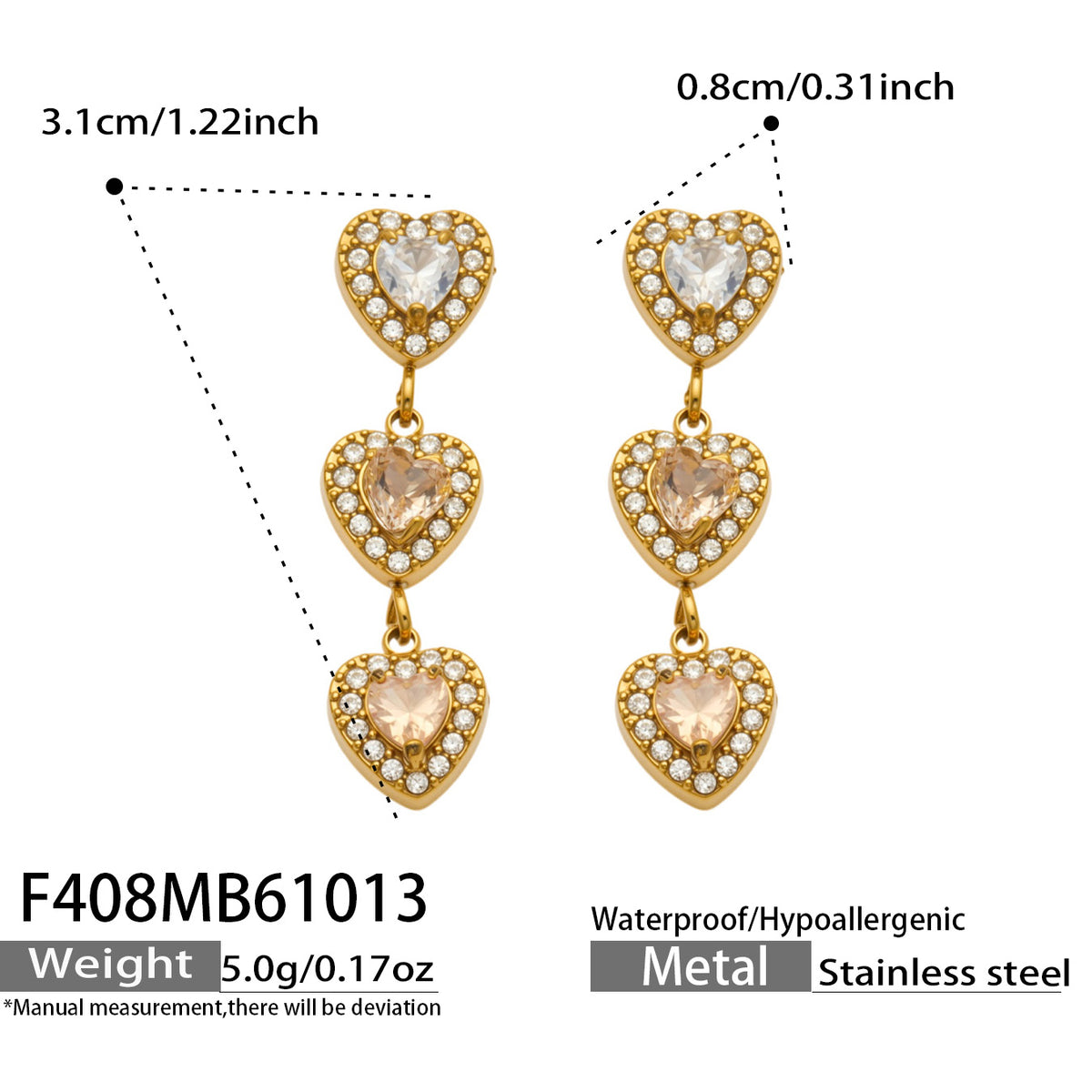 316L Stainless Steel 18K PVD Gold Heart Zircon Earrings made with 316L stainless steel and 18K PVD gold finish for wholesale jewelry buyers - image 12