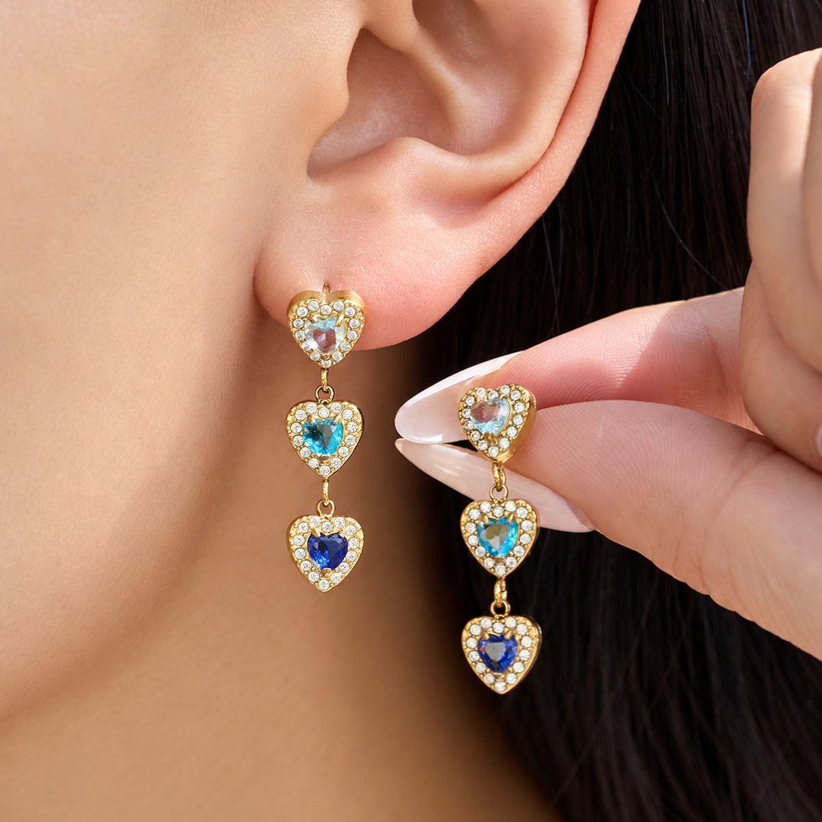 Fashionable champagne heart zircon earring