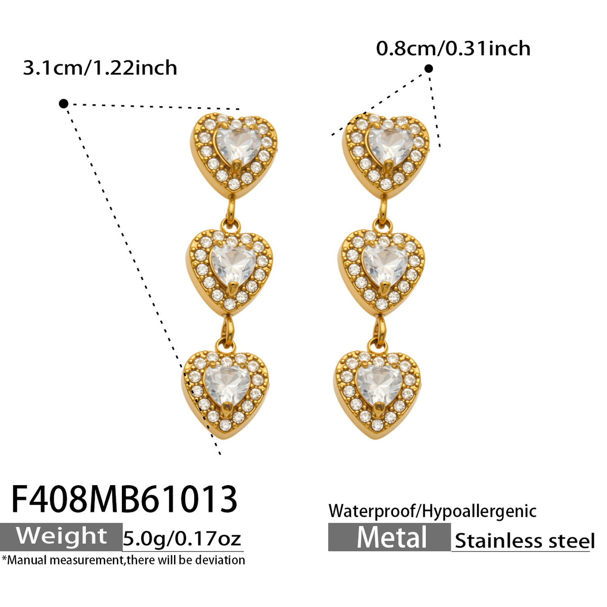 316L Stainless Steel 18K PVD Gold Heart Zircon Earrings made with 316L stainless steel and 18K PVD gold finish for wholesale jewelry buyers - image 7