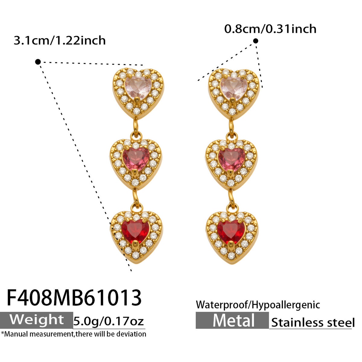 316L Stainless Steel 18K PVD Gold Heart Zircon Earrings made with 316L stainless steel and 18K PVD gold finish for wholesale jewelry buyers - image 8