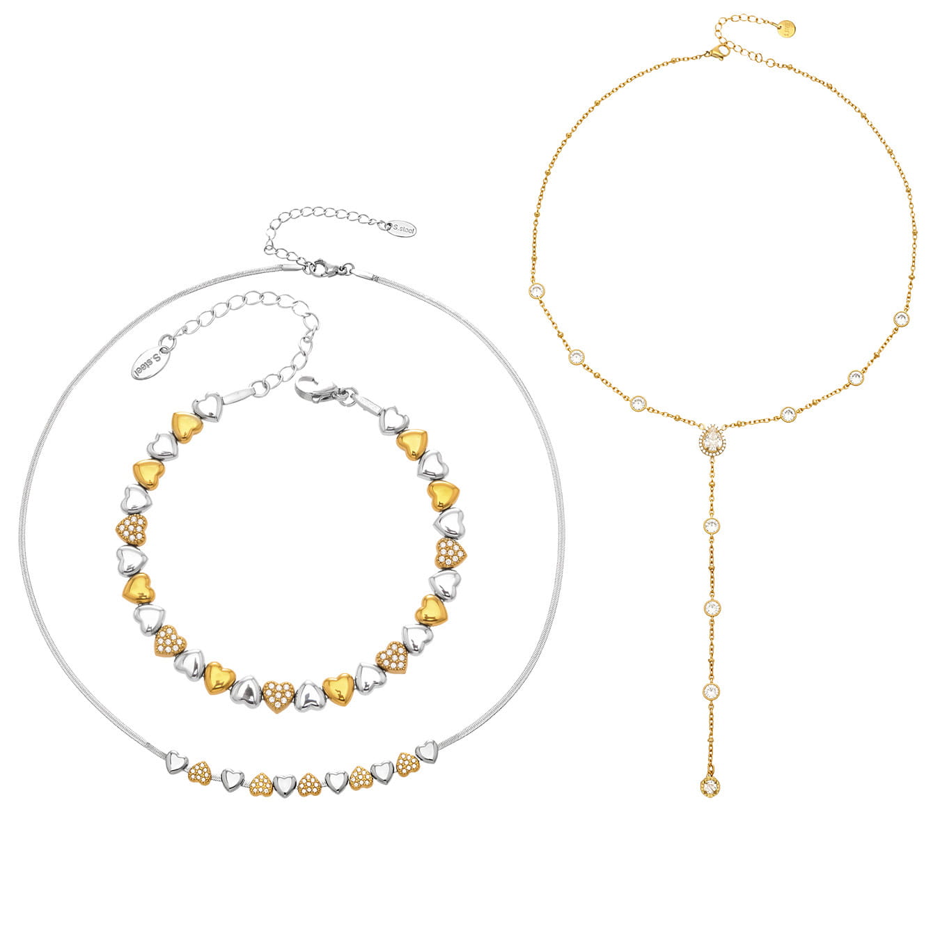 316L Stainless Steel Two-Tone Heart Zircon Necklace & Bracelet Set
