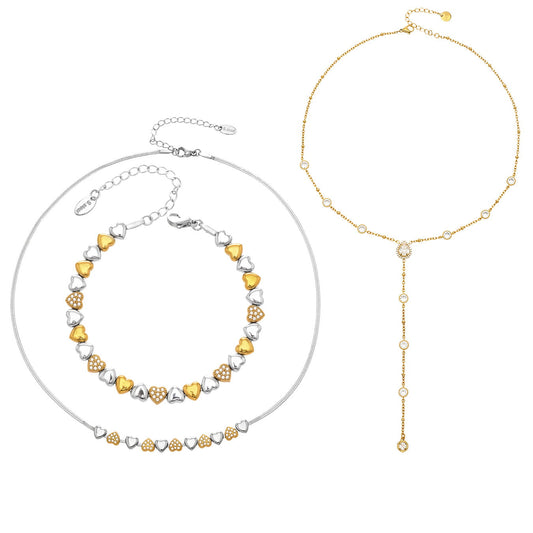 316L Stainless Steel Two-Tone Heart Zircon Necklace & Bracelet Set