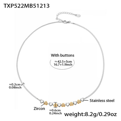Heart zircon necklace made of 316L stainless steel showing size and chain details.