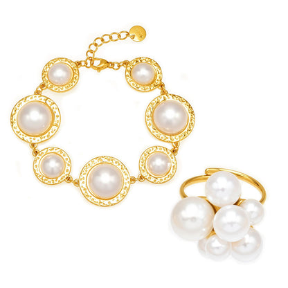 316L Stainless Steel High-Polish Large Resin Bead Bracelet and Open Ring Set, 18K Gold Plated - Image 1