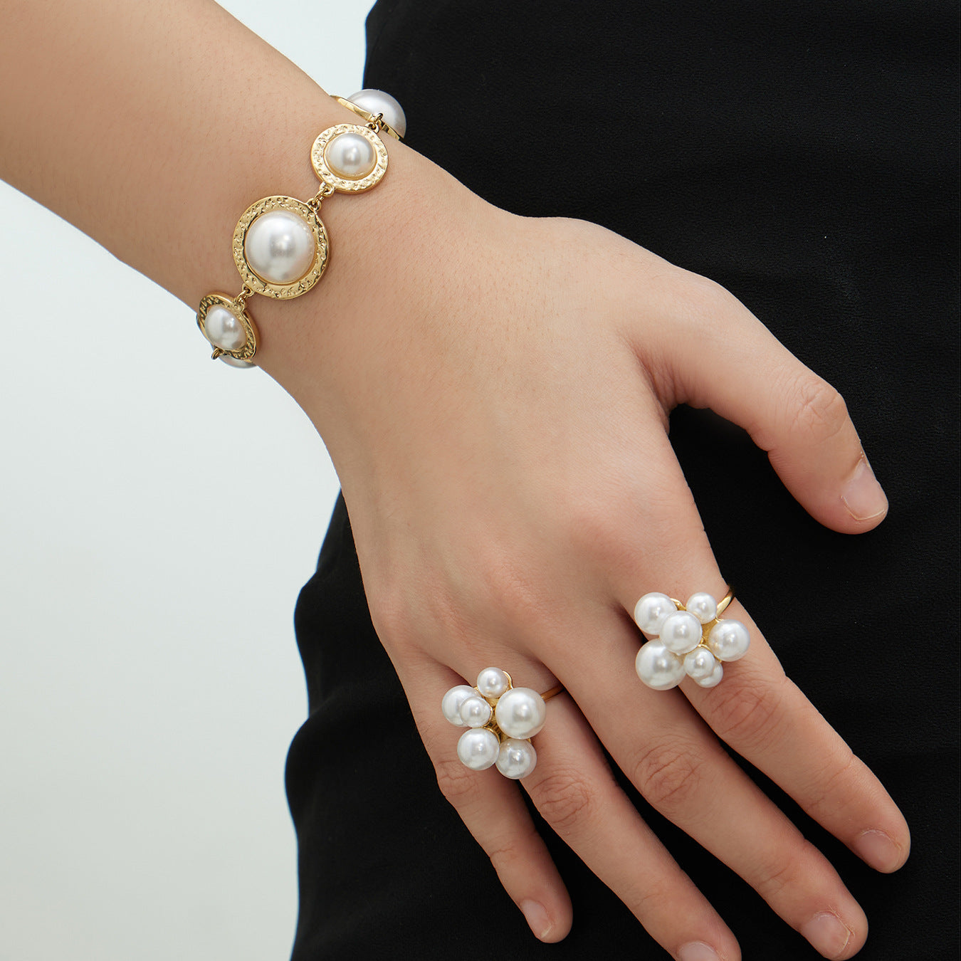 316L Stainless Steel High-Polish Large Resin Bead Bracelet and Open Ring Set, 18K Gold Plated - Image 3