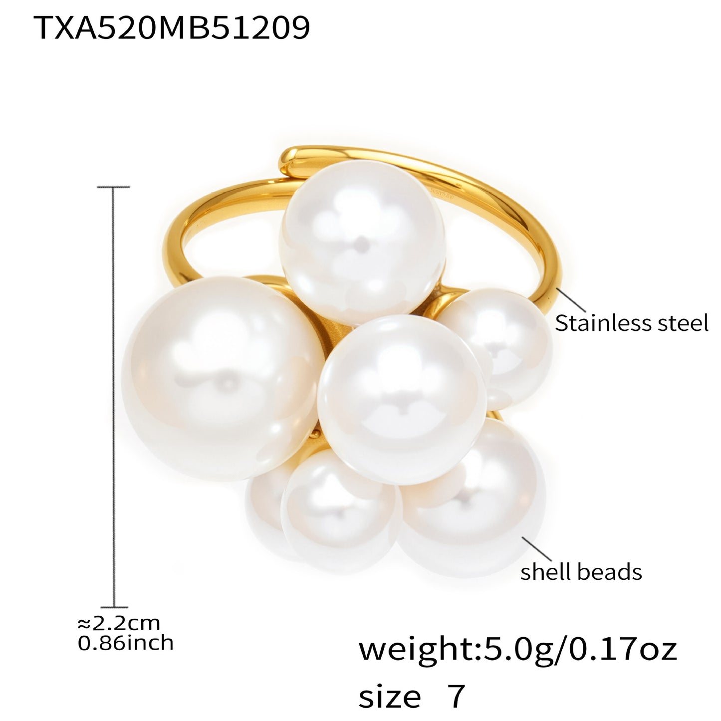 316L Stainless Steel High-Polish Large Resin Bead Bracelet and Open Ring Set, 18K Gold Plated - Image 6
