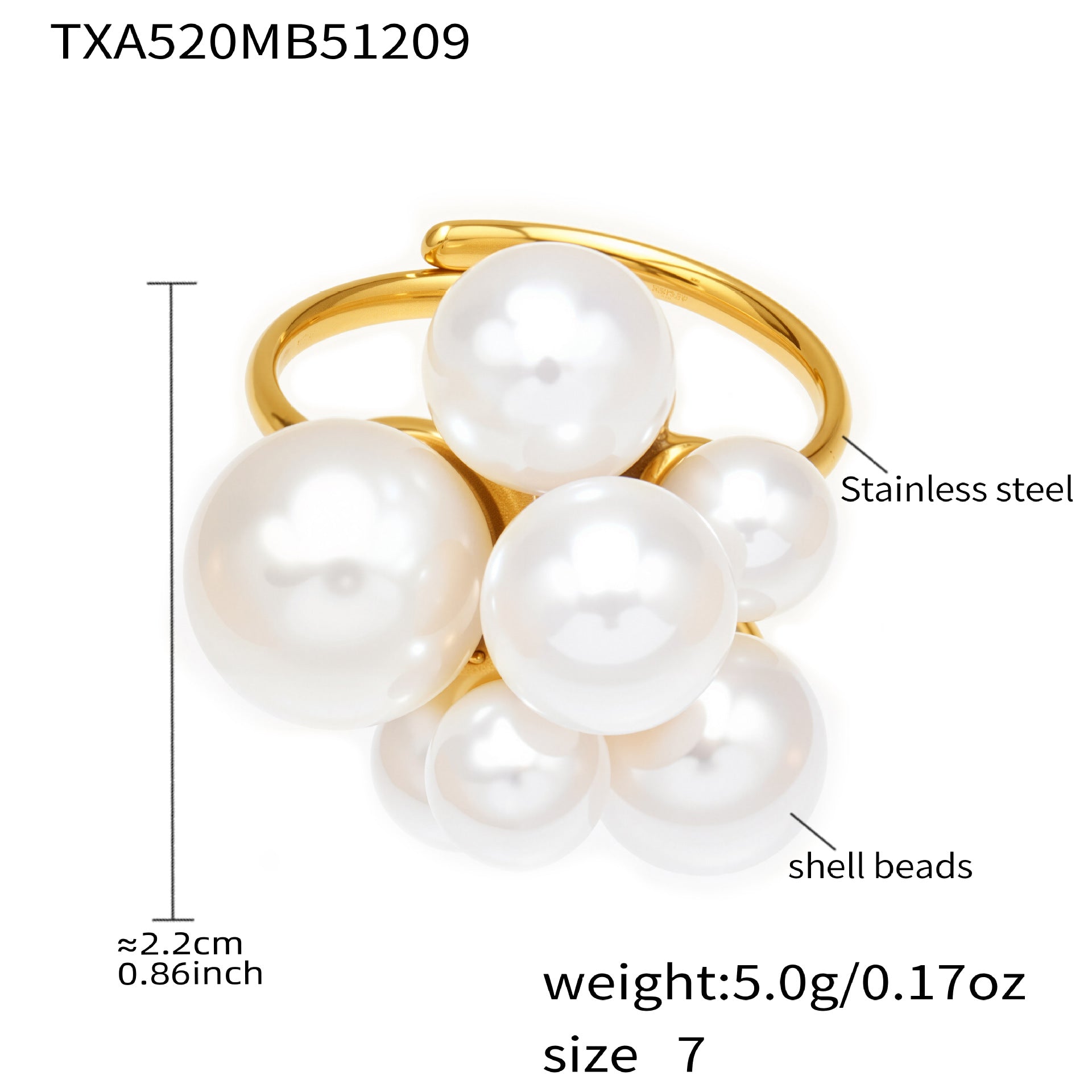 316L Stainless Steel High-Polish Large Resin Bead Bracelet and Open Ring Set, 18K Gold Plated - Image 6