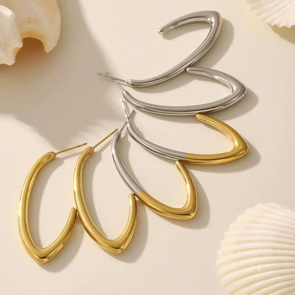 316L Stainless Steel High-Polished Minimalist Two-Tone C-Shape Hoop Earrings - Image 2