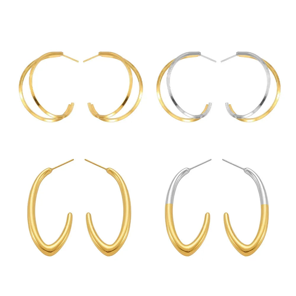 316L Stainless Steel High-Polished Minimalist Two-Tone C-Shape Hoop Earrings - Image 5