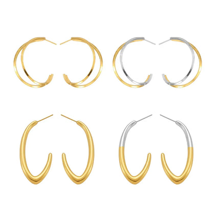 316L Stainless Steel High-Polished Minimalist Two-Tone C-Shape Hoop Earrings - Image 5