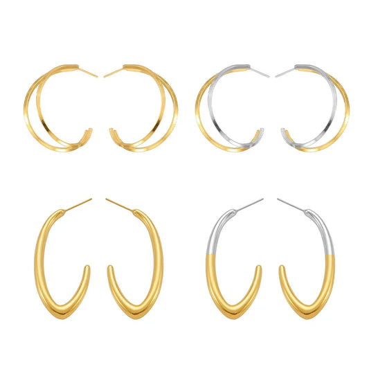 316L Stainless Steel High-Polished Minimalist Two-Tone C-Shape Hoop Earrings - Image 5