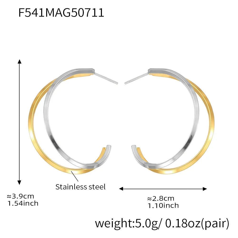 316L Stainless Steel High-Polished Minimalist Two-Tone C-Shape Hoop Earrings - Image 8