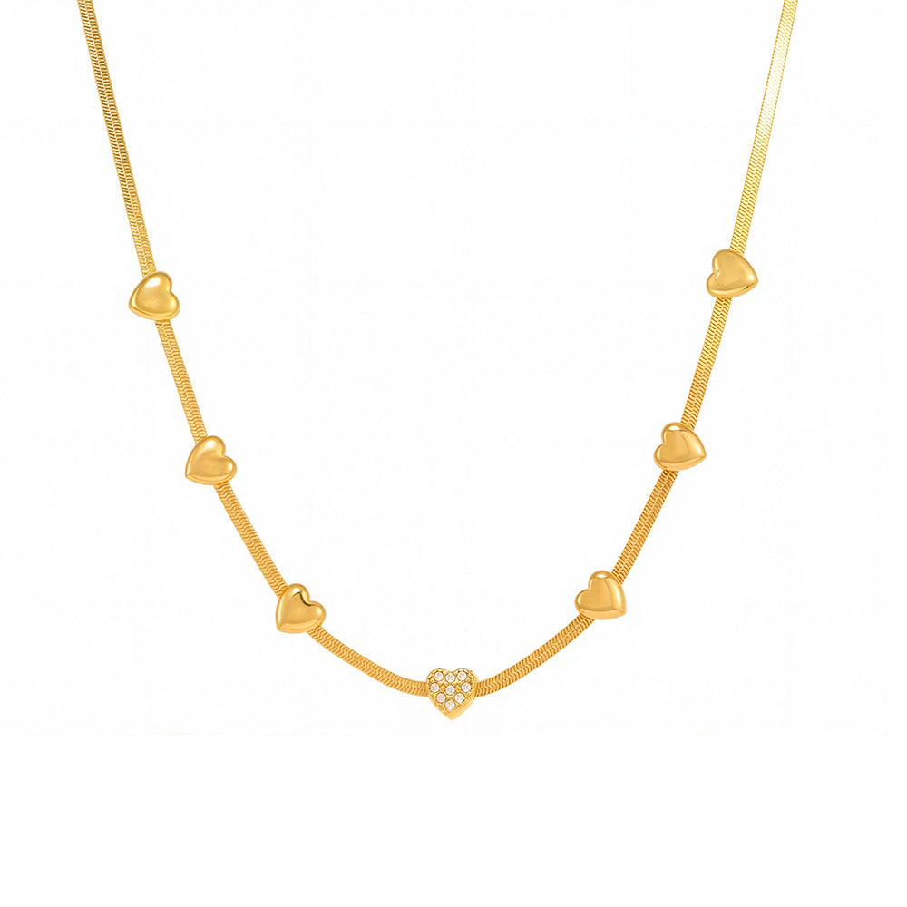 316L Stainless Steel High Polished Small Heart Zircon Multi-Layer Design 18K Gold Plated Collarbone Necklace - Image 2