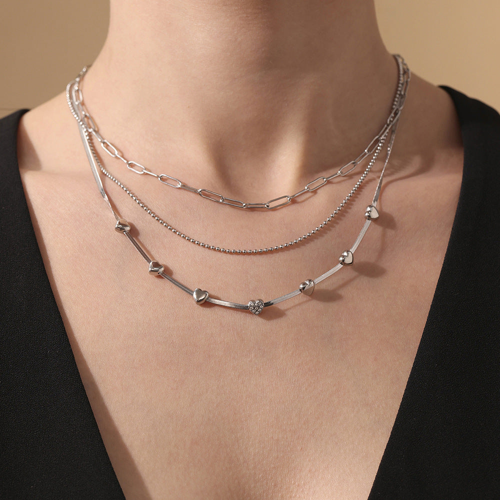 316L Stainless Steel High Polished Small Heart Zircon Multi-Layer Design 18K Gold Plated Collarbone Necklace - Image 3