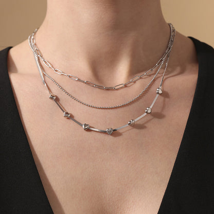 316L Stainless Steel High Polished Small Heart Zircon Multi-Layer Design 18K Gold Plated Collarbone Necklace - Image 3