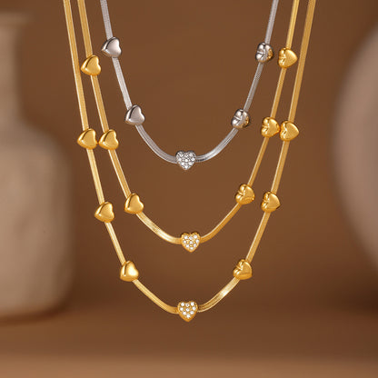 316L Stainless Steel High Polished Small Heart Zircon Multi-Layer Design 18K Gold Plated Collarbone Necklace - Image 8