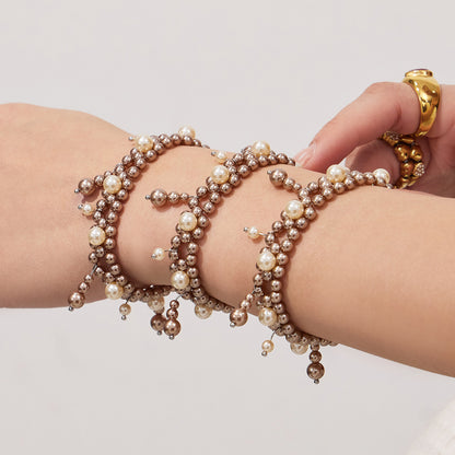 316L Stainless Steel High-Shine Shell Pearl Hand-Beaded Tassel Bracelet - Image 1