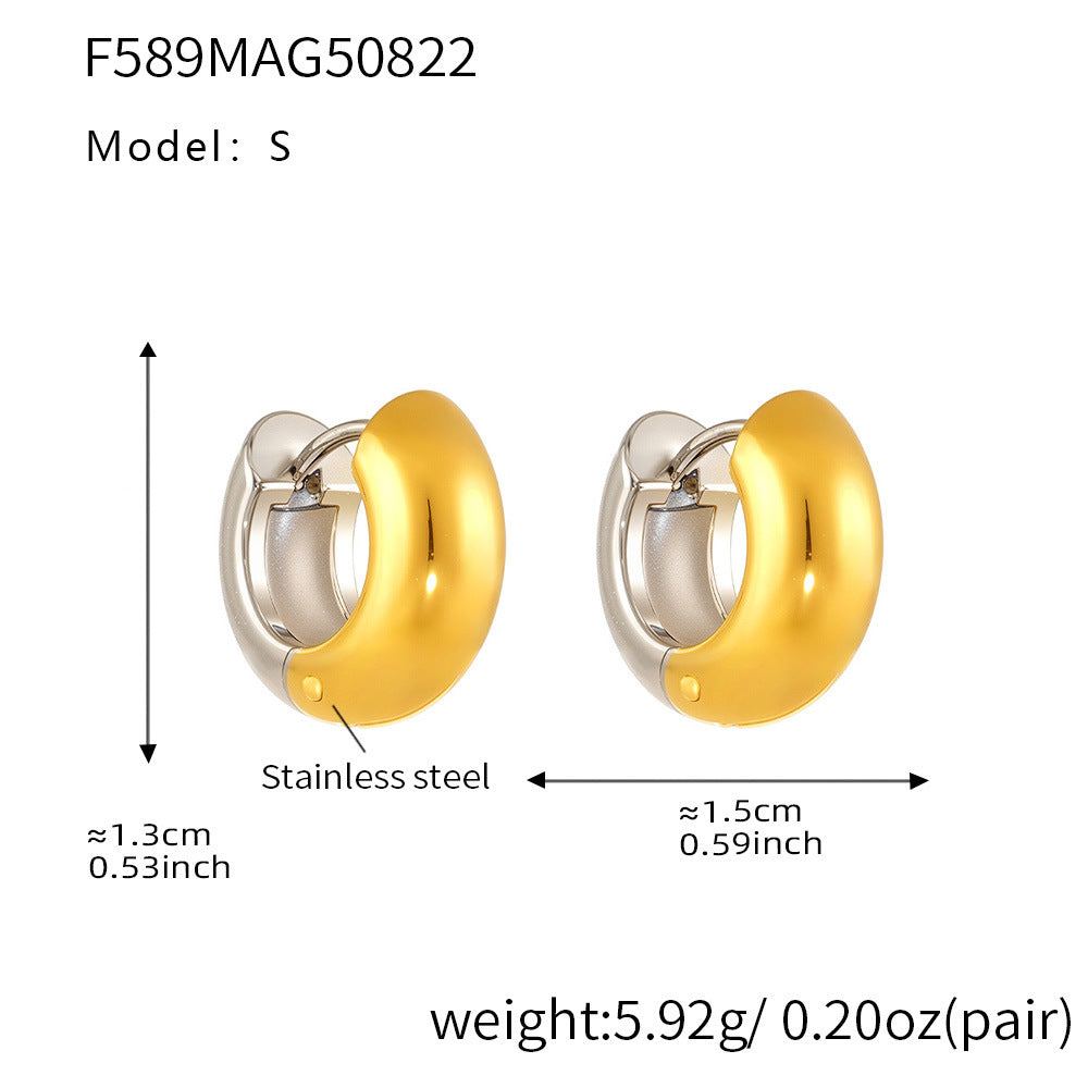 316L stainless steel Mixed Metal Two-Tone Highly Polished Huggie Hoop Earrings boutique merchandising view for wholesale earrings buyers