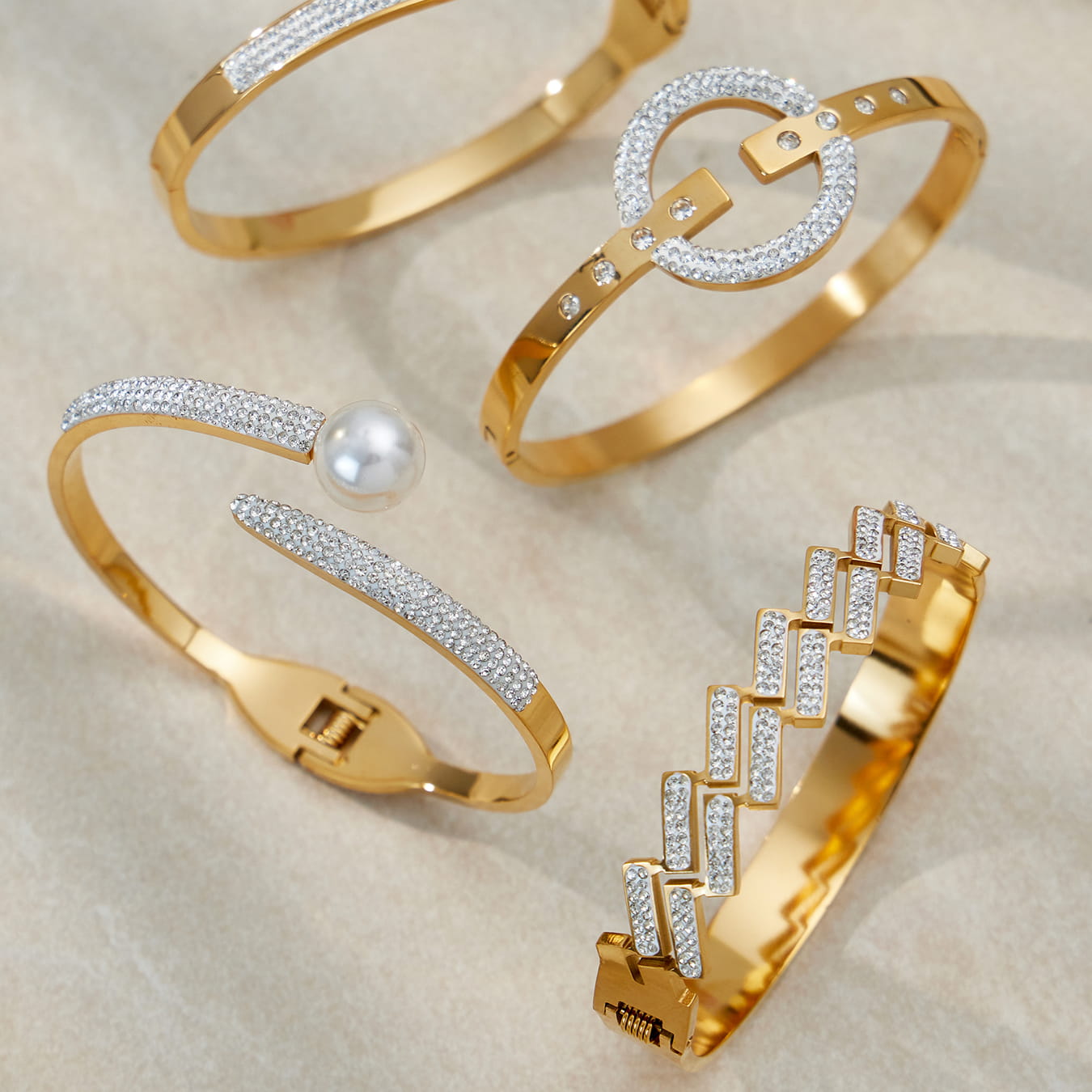 316L stainless steel pearl cuff bangle with pavé CZ in 18K PVD gold, wholesale jewelry