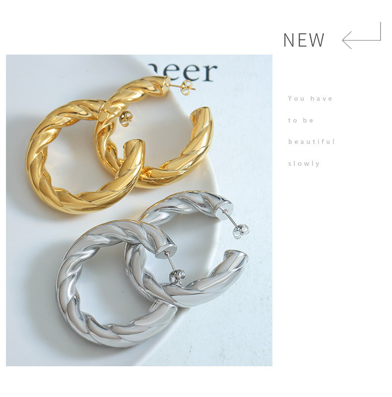 316L Stainless Steel Hollow C-Shape Twisted Hoop Earrings - Twisted Geometric Detail 1