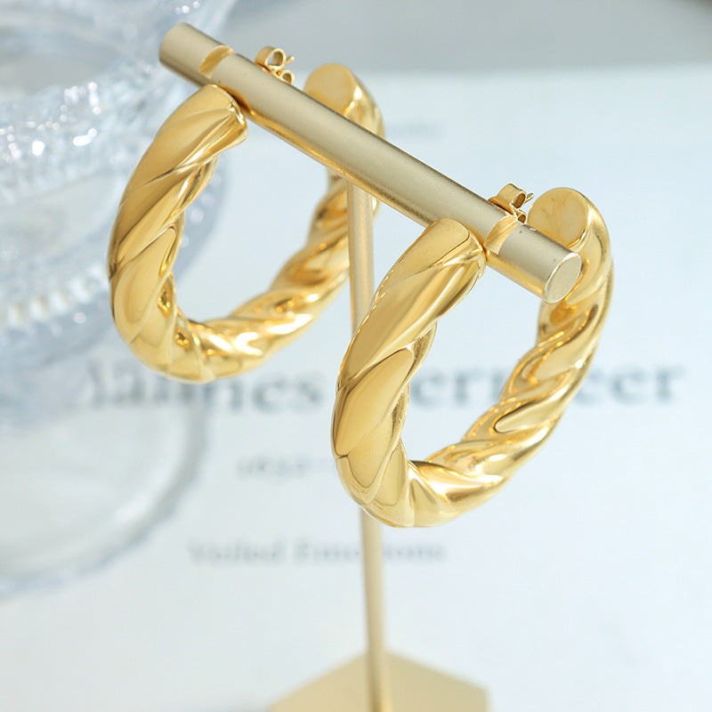 316L Stainless Steel Hollow C-Shape Twisted Hoop Earrings - Twisted Geometric Detail 10