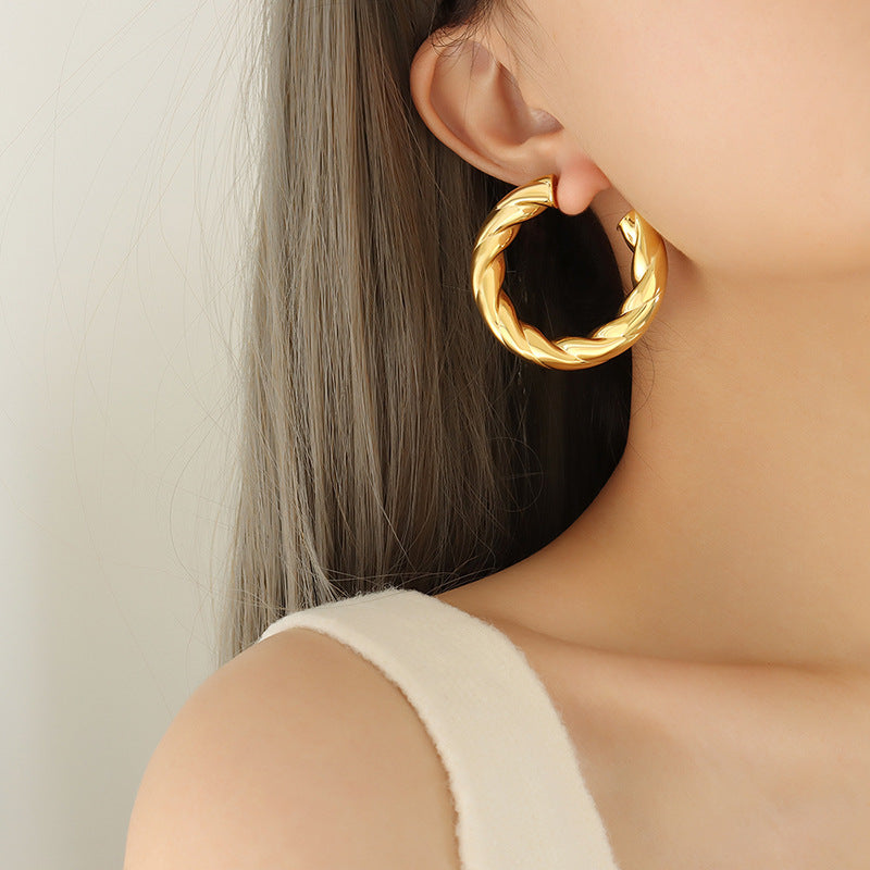 316L Stainless Steel Hollow C-Shape Twisted Hoop Earrings - Twisted Geometric Detail 6