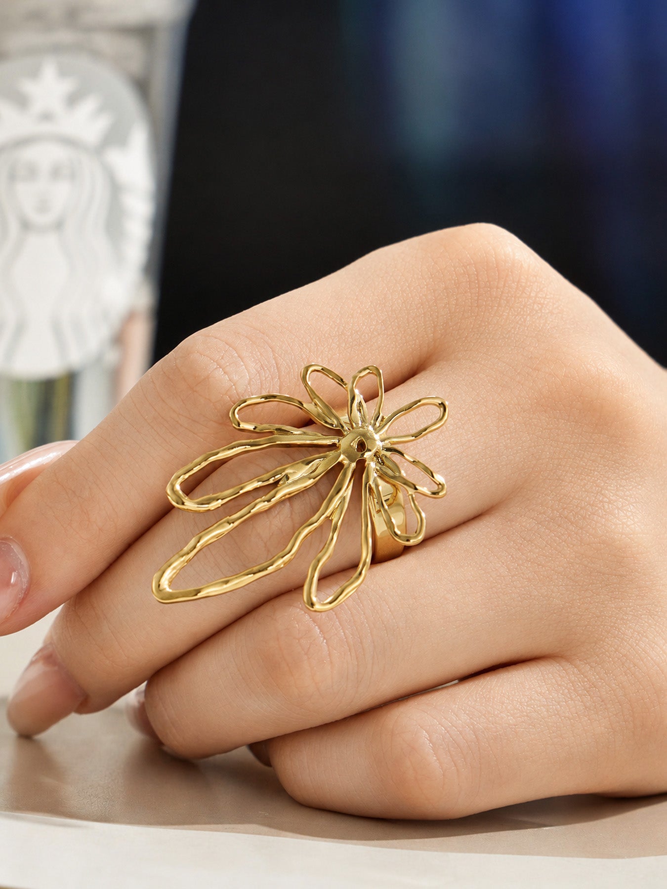 316L Stainless Steel 18K PVD Gold Hollow Flower Open Ring made with 316L stainless steel and 18K PVD gold finish for wholesale jewelry buyers - image 9