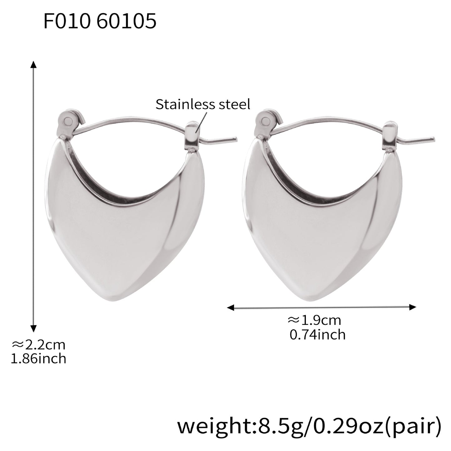 316L stainless steel hollow heart hoop earrings silver hypoallergenic waterproof size detail