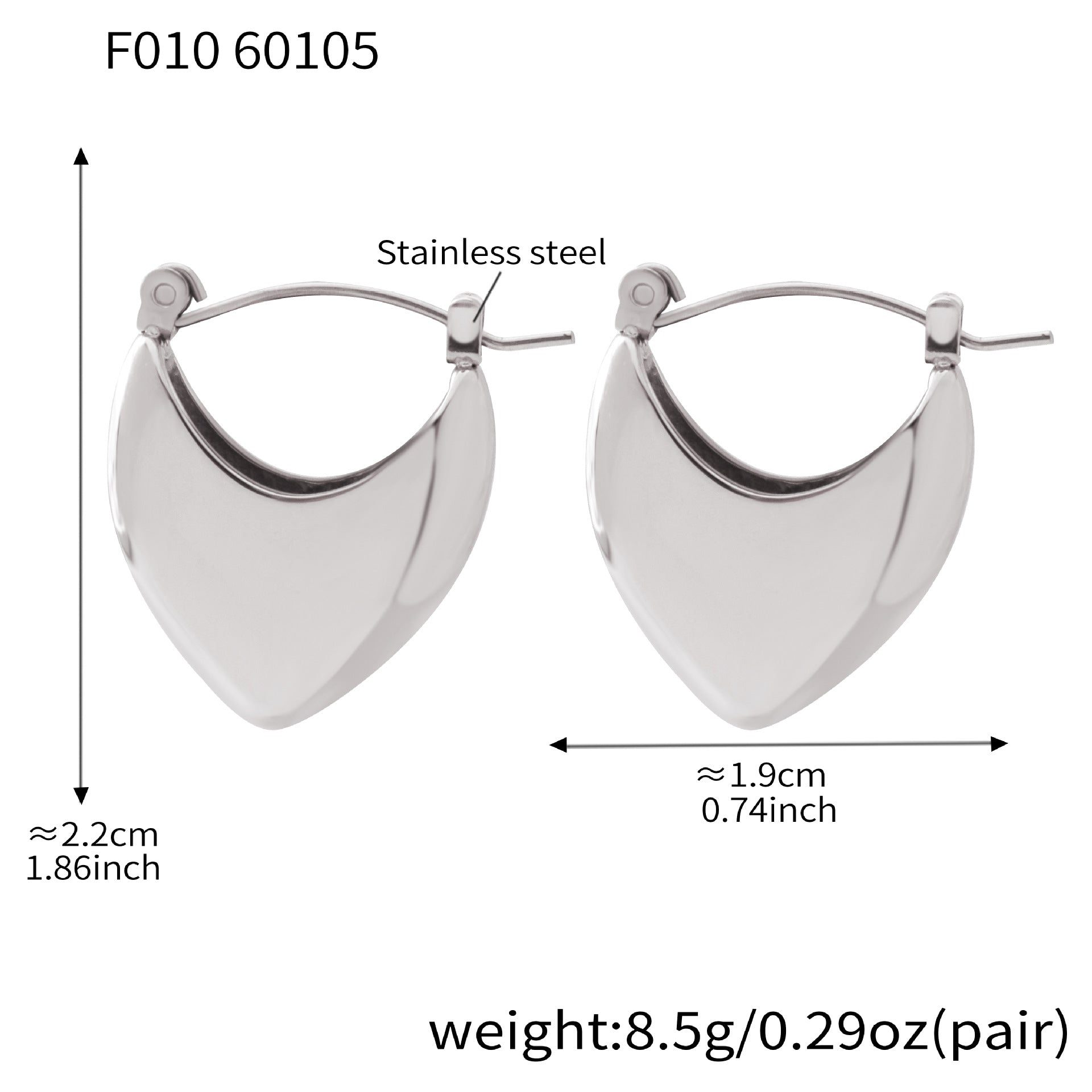 316L stainless steel hollow heart hoop earrings silver hypoallergenic waterproof size detail