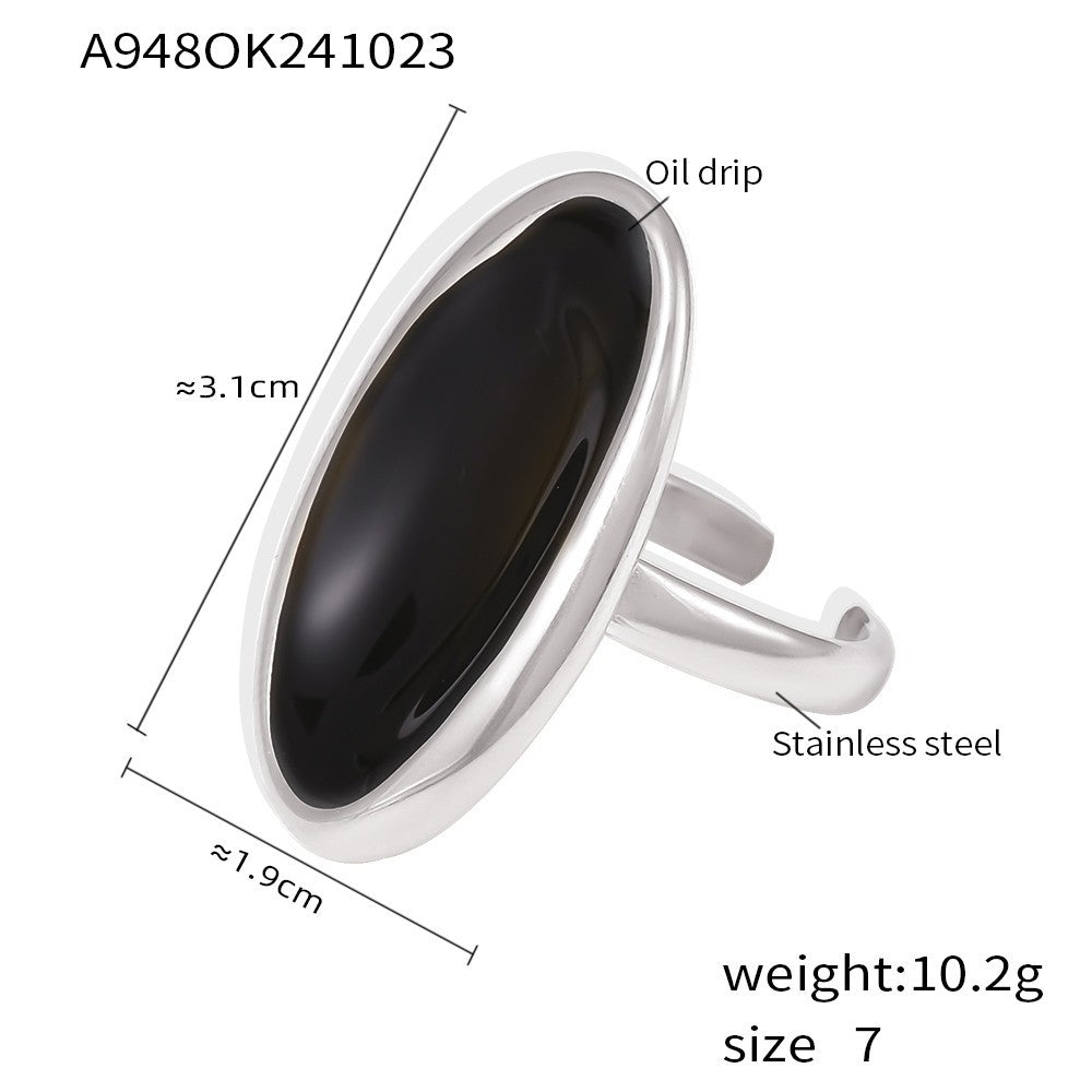 316L Stainless Steel Hypoallergenic Rings | Elegant Oval Open Design with Enamel Inlay - Oval Ring, Open Ring, Enamel Inlay, Minimalist, Elegant, Geometric Sensitive Skin Friendly - Detail 1