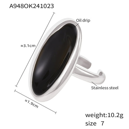 316L Stainless Steel Hypoallergenic Rings | Elegant Oval Open Design with Enamel Inlay - Oval Ring, Open Ring, Enamel Inlay, Minimalist, Elegant, Geometric Sensitive Skin Friendly - Detail 1