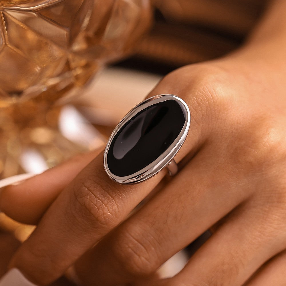 316L Stainless Steel Hypoallergenic Rings | Elegant Oval Open Design with Enamel Inlay - Oval Ring, Open Ring, Enamel Inlay, Minimalist, Elegant, Geometric Sensitive Skin Friendly - Detail 7