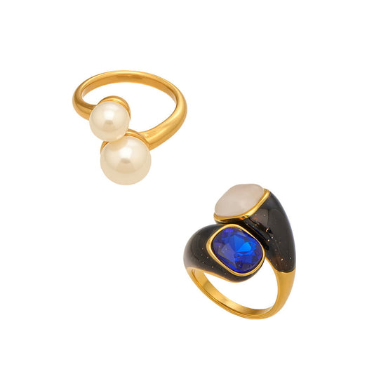 316L Stainless Steel Hypoallergenic Rings Modern Enamel Pearl & Blue Cat Eye Stone - Modern Enamel Pearl Blue Cat Eye Stone 18K Gold Plated Sensitive Skin Friendly - Detail 11