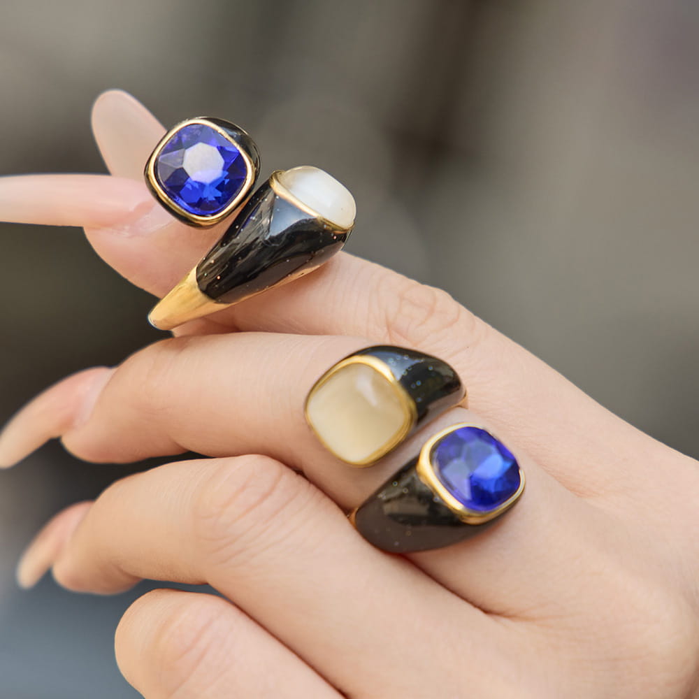 316L Stainless Steel Hypoallergenic Rings Modern Enamel Pearl & Blue Cat Eye Stone - Modern Enamel Pearl Blue Cat Eye Stone 18K Gold Plated Sensitive Skin Friendly - Detail 4