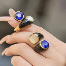 316L Stainless Steel Hypoallergenic Rings Modern Enamel Pearl & Blue Cat Eye Stone - Modern Enamel Pearl Blue Cat Eye Stone 18K Gold Plated Sensitive Skin Friendly - Detail 4