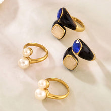 316L Stainless Steel Hypoallergenic Rings Modern Enamel Pearl & Blue Cat Eye Stone - Modern Enamel Pearl Blue Cat Eye Stone 18K Gold Plated Sensitive Skin Friendly - Detail 6