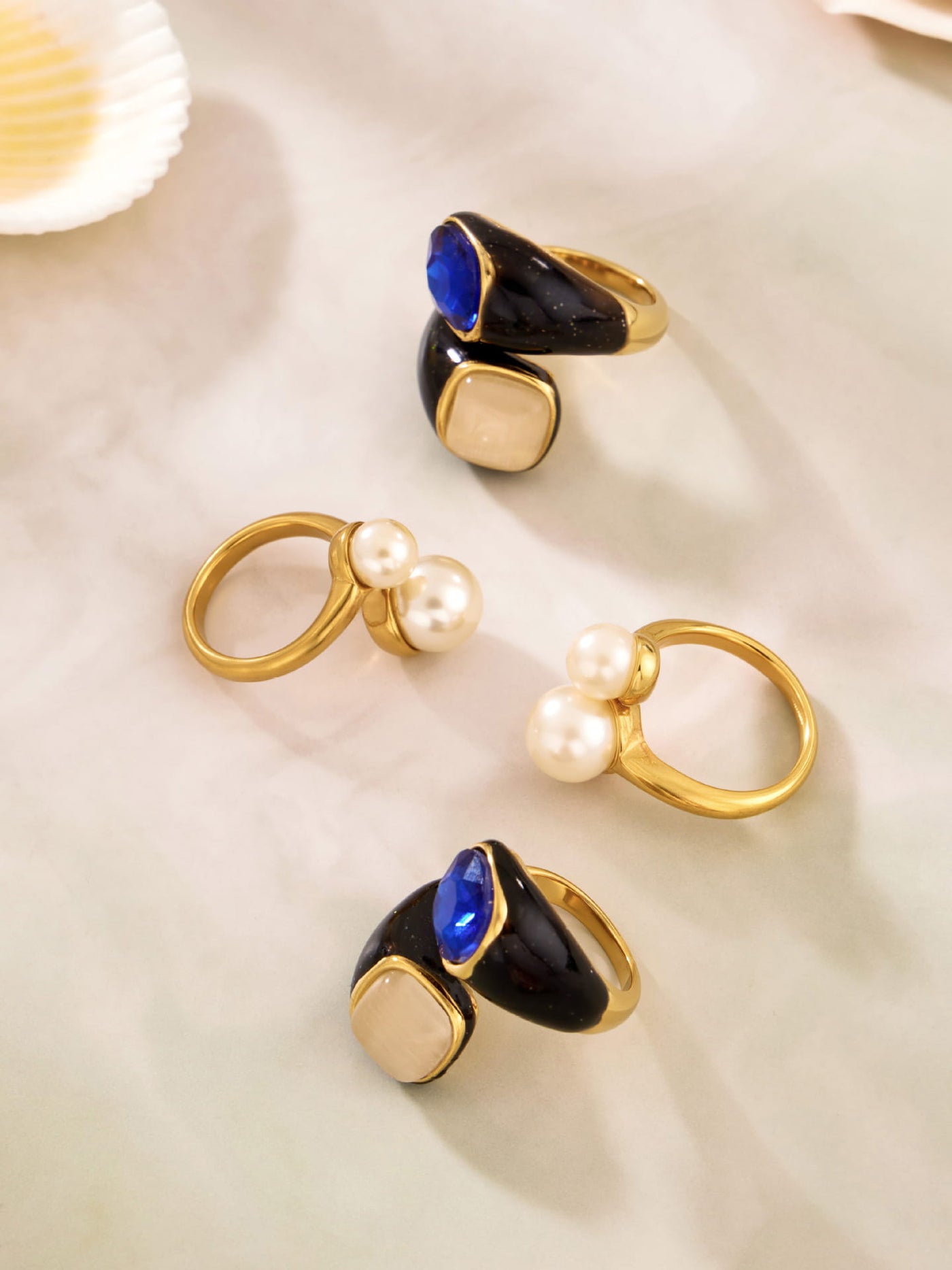 316L Stainless Steel Hypoallergenic Rings Modern Enamel Pearl & Blue Cat Eye Stone - Modern Enamel Pearl Blue Cat Eye Stone 18K Gold Plated Sensitive Skin Friendly - Detail 7